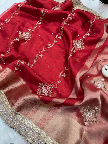 Premium Red Zardozi Handwork Banarasi Saree with Ritual Motifs and Mirrorwork