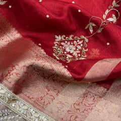 Premium Red Zardozi Handwork Banarasi Saree with Ritual Motifs and Mirrorwork
