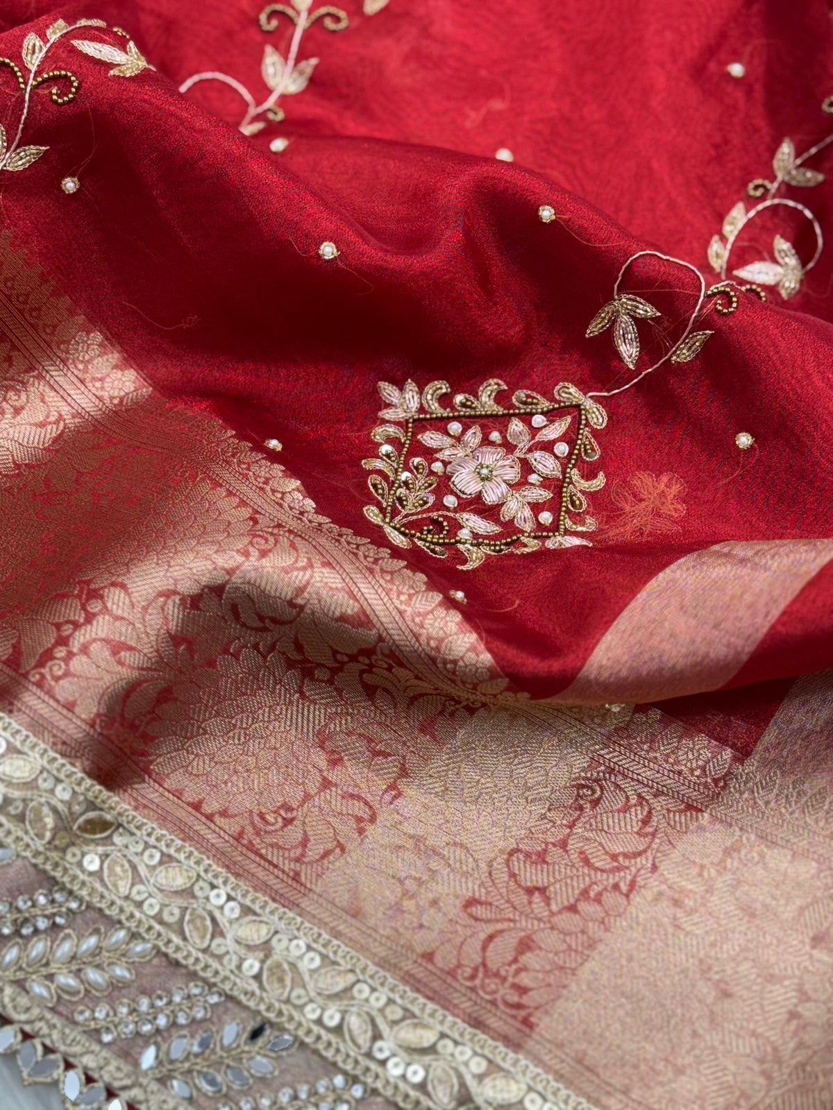 Premium Red Zardozi Handwork Banarasi Saree with Ritual Motifs and Mirrorwork