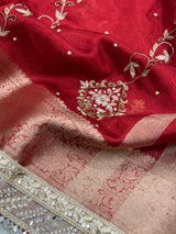 Premium Red Zardozi Handwork Banarasi Saree with Ritual Motifs and Mirrorwork
