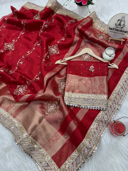 Premium Red Zardozi Handwork Banarasi Saree with Ritual Motifs and Mirrorwork