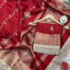 Premium Red Zardozi Handwork Banarasi Saree with Ritual Motifs and Mirrorwork