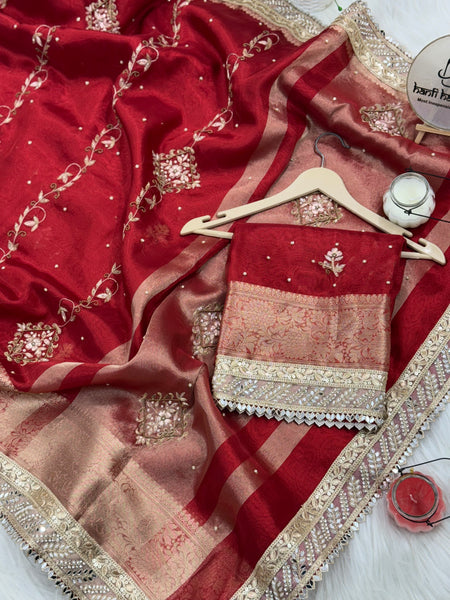 Premium Red Zardozi Handwork Banarasi Saree with Ritual Motifs and Mirrorwork