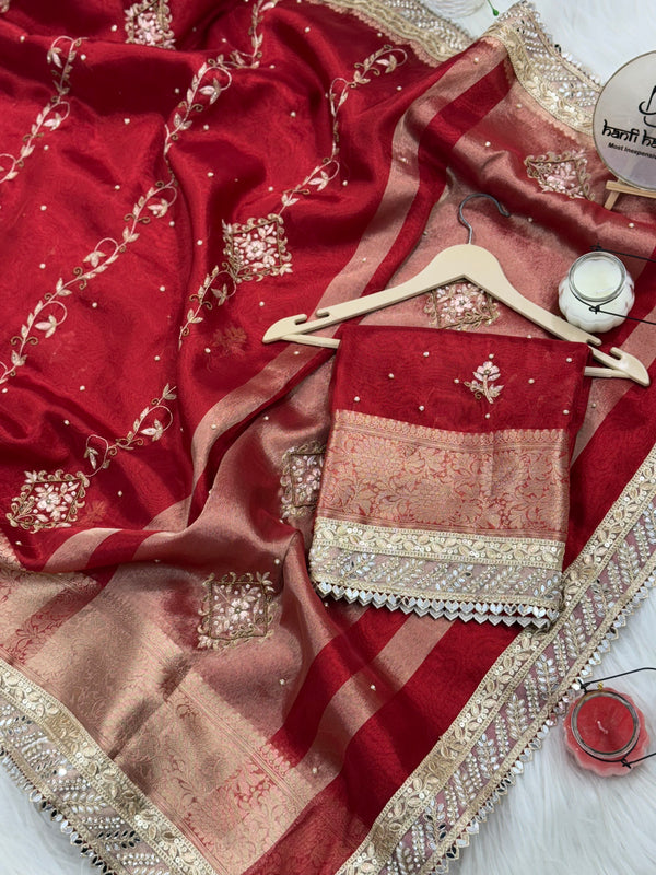 Premium Red Zardozi Handwork Banarasi Saree with Ritual Motifs and Mirrorwork
