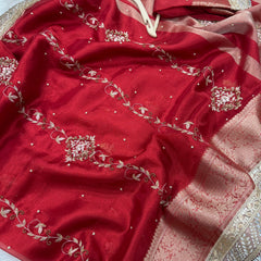 Premium Red Zardozi Handwork Banarasi Saree with Ritual Motifs and Mirrorwork