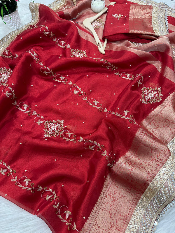 Premium Red Zardozi Handwork Banarasi Saree with Ritual Motifs and Mirrorwork