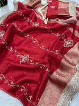 Premium Red Zardozi Handwork Banarasi Saree with Ritual Motifs and Mirrorwork
