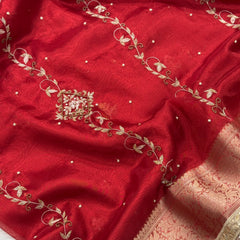 Premium Red Zardozi Handwork Banarasi Saree with Ritual Motifs and Mirrorwork