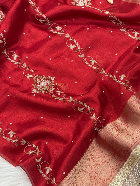 Premium Red Zardozi Handwork Banarasi Saree with Ritual Motifs and Mirrorwork