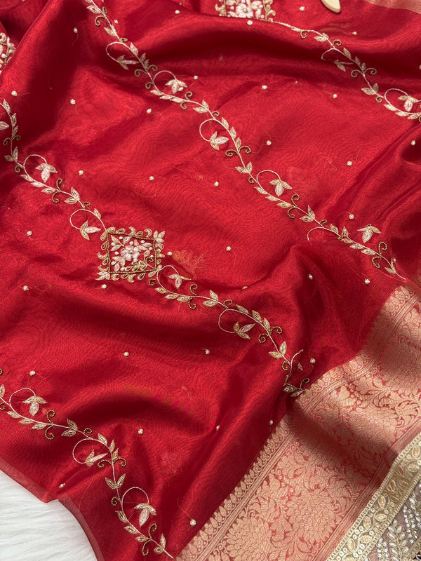 Premium Red Zardozi Handwork Banarasi Saree with Ritual Motifs and Mirrorwork