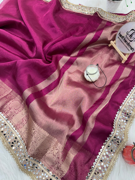 Magenta Pink Banarasi Rajkumari Mirror Work Tissue Silk Saree