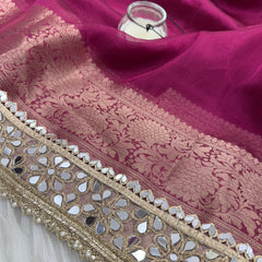 Magenta Pink Banarasi Rajkumari Mirror Work Tissue Silk Saree