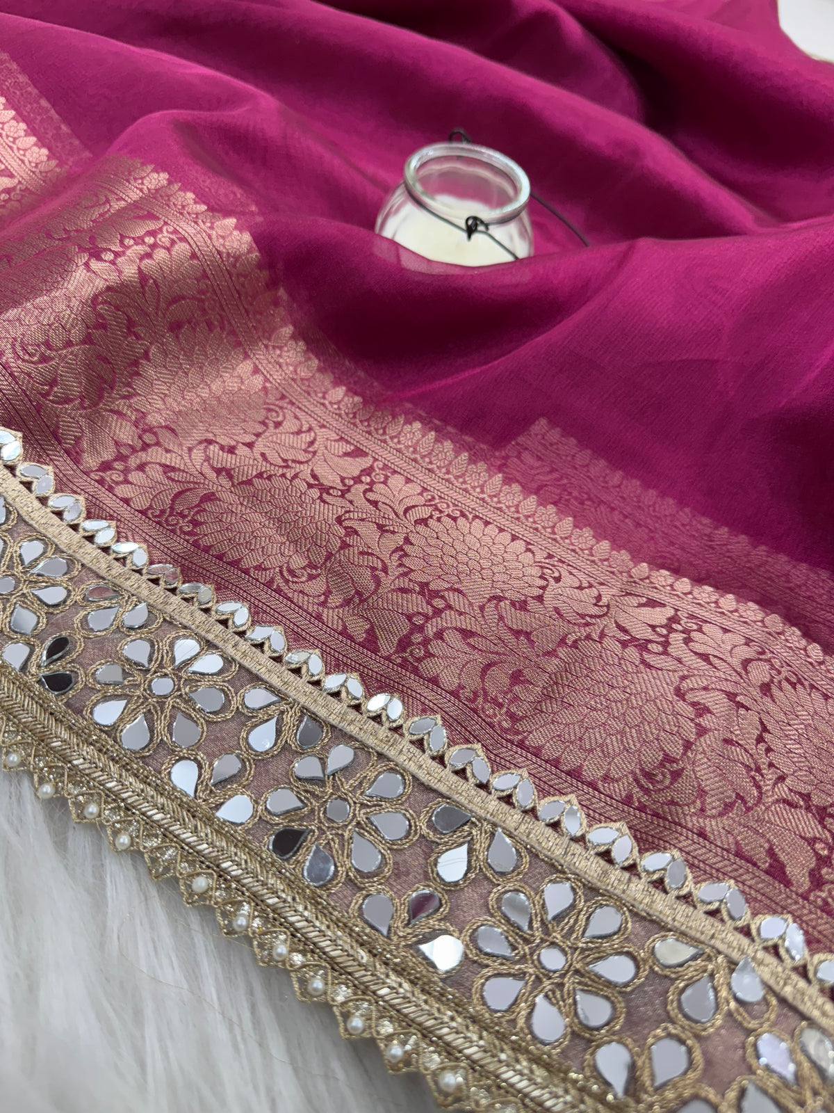 Magenta Pink Banarasi Rajkumari Mirror Work Tissue Silk Saree
