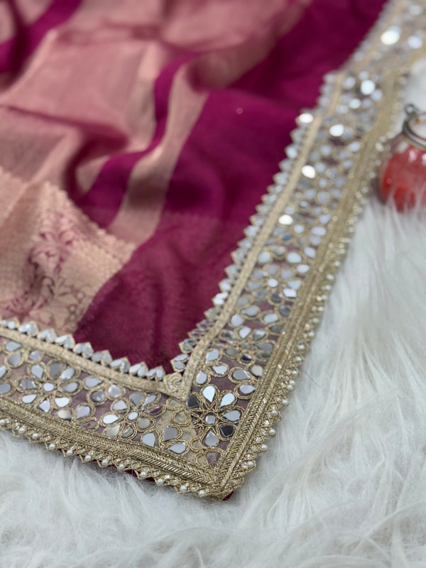 Magenta Pink Banarasi Rajkumari Mirror Work Tissue Silk Saree