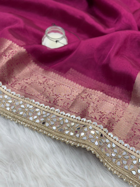 Magenta Pink Banarasi Rajkumari Mirror Work Tissue Silk Saree