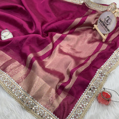 Magenta Pink Banarasi Rajkumari Mirror Work Tissue Silk Saree