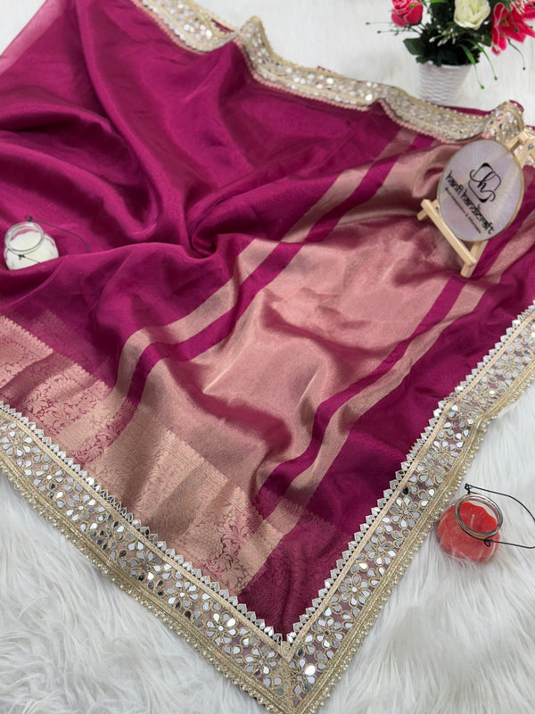 Magenta Pink Banarasi Rajkumari Mirror Work Tissue Silk Saree