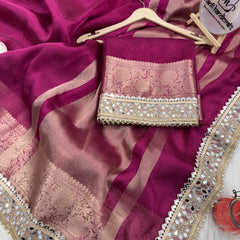 Magenta Pink Banarasi Rajkumari Mirror Work Tissue Silk Saree