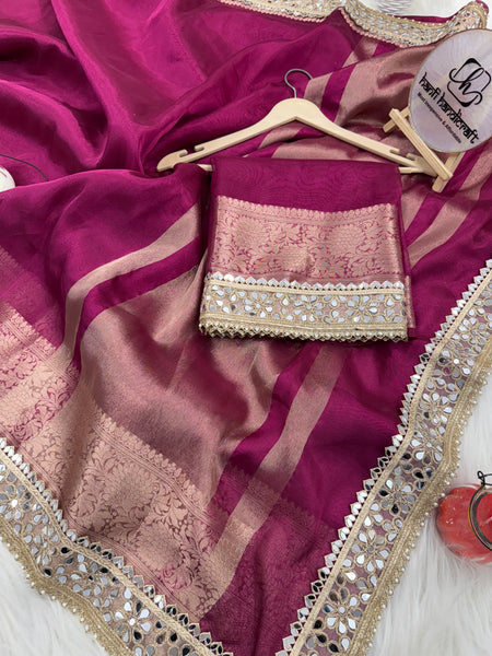 Magenta Pink Banarasi Rajkumari Mirror Work Tissue Silk Saree