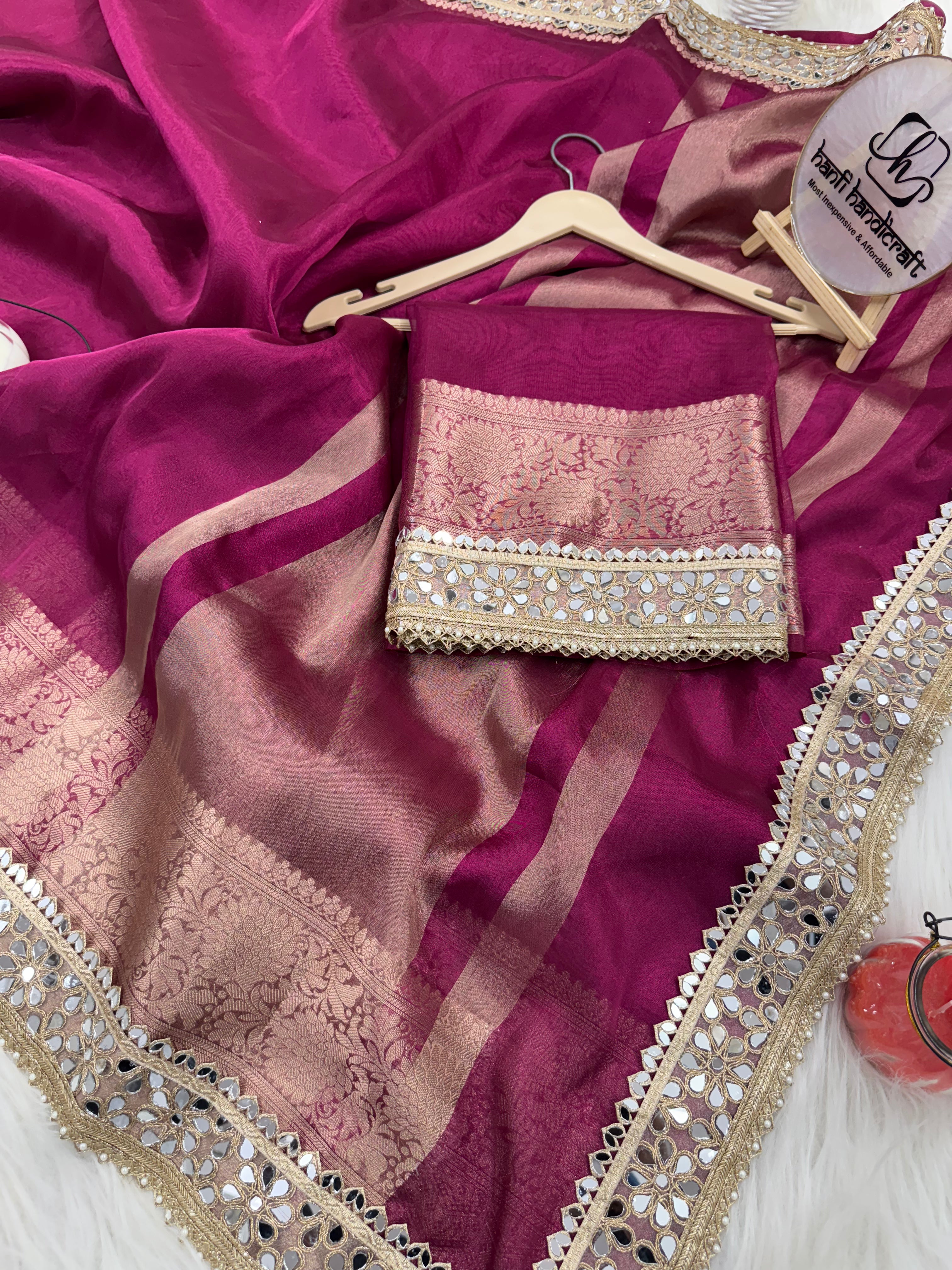 Magenta Pink Banarasi Rajkumari Mirror Work Tissue Silk Saree