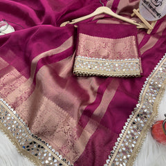 Magenta Pink Banarasi Rajkumari Mirror Work Tissue Silk Saree