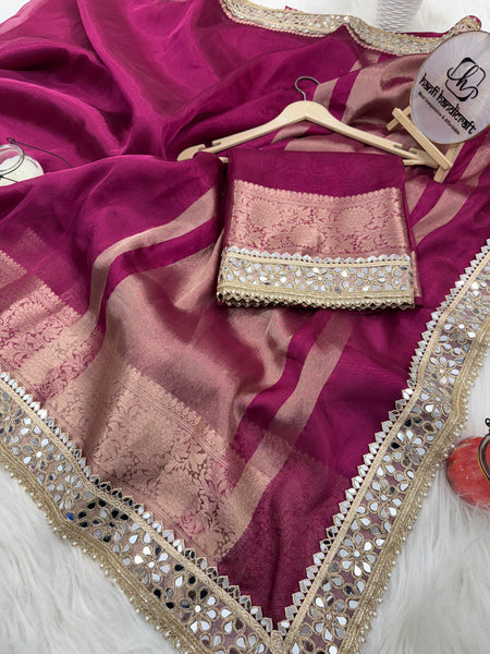 Magenta Pink Banarasi Rajkumari Mirror Work Tissue Silk Saree