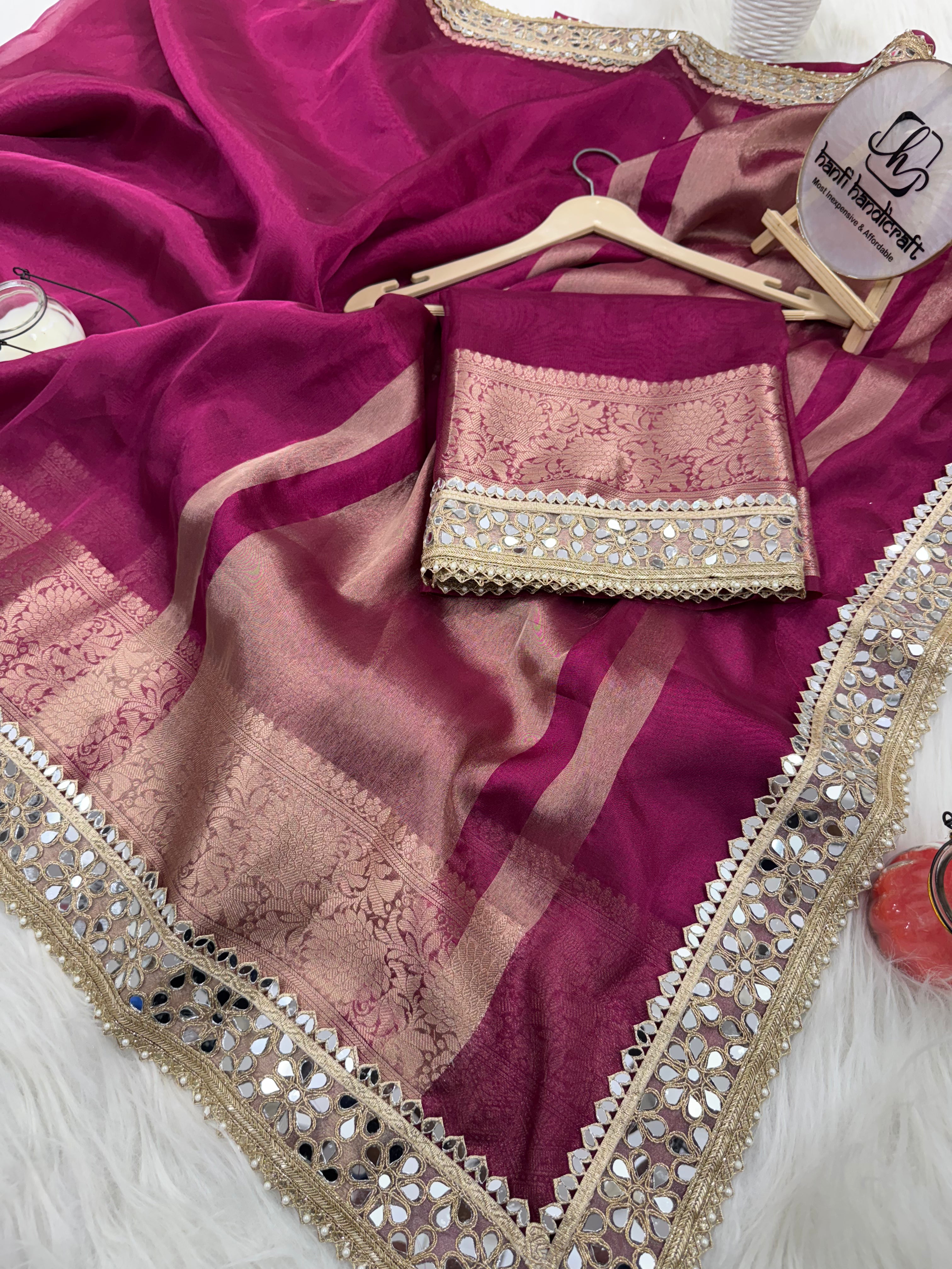 Magenta Pink Banarasi Rajkumari Mirror Work Tissue Silk Saree