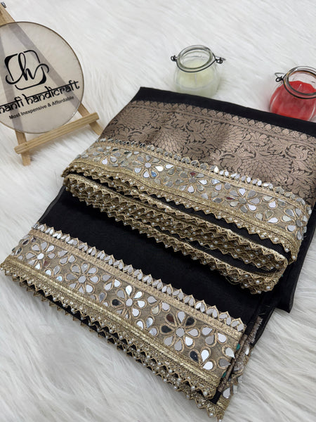Pearl Black Banarasi Rajkumari Mirror Work Tissue Silk Saree