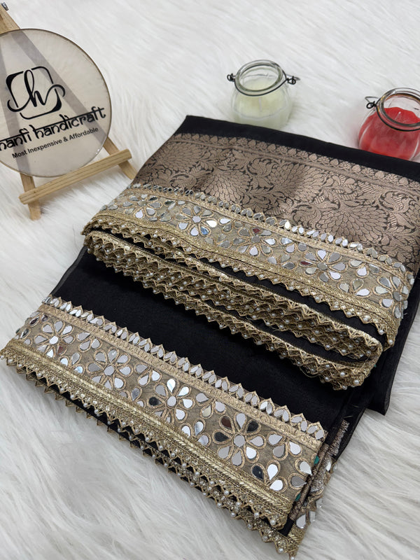 Pearl Black Banarasi Rajkumari Mirror Work Tissue Silk Saree