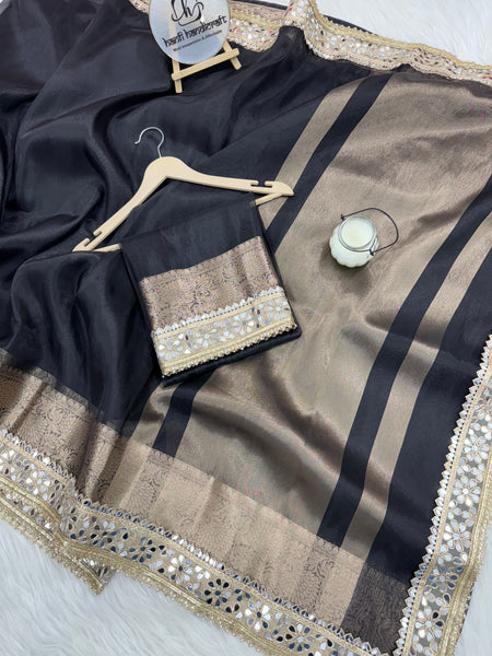 Pearl Black Banarasi Rajkumari Mirror Work Tissue Silk Saree