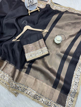 Pearl Black Banarasi Rajkumari Mirror Work Tissue Silk Saree
