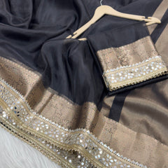 Pearl Black Banarasi Rajkumari Mirror Work Tissue Silk Saree
