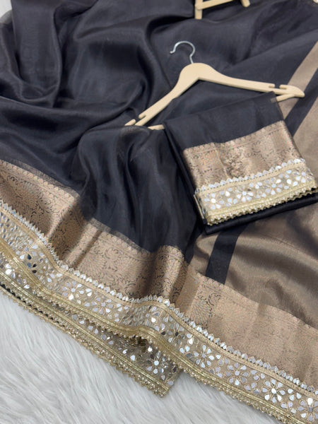 Pearl Black Banarasi Rajkumari Mirror Work Tissue Silk Saree