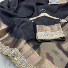 Pearl Black Banarasi Rajkumari Mirror Work Tissue Silk Saree