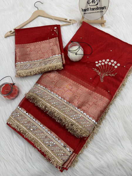 Chand Baliyan Pearl Motif Hand Zardozi Work Saree