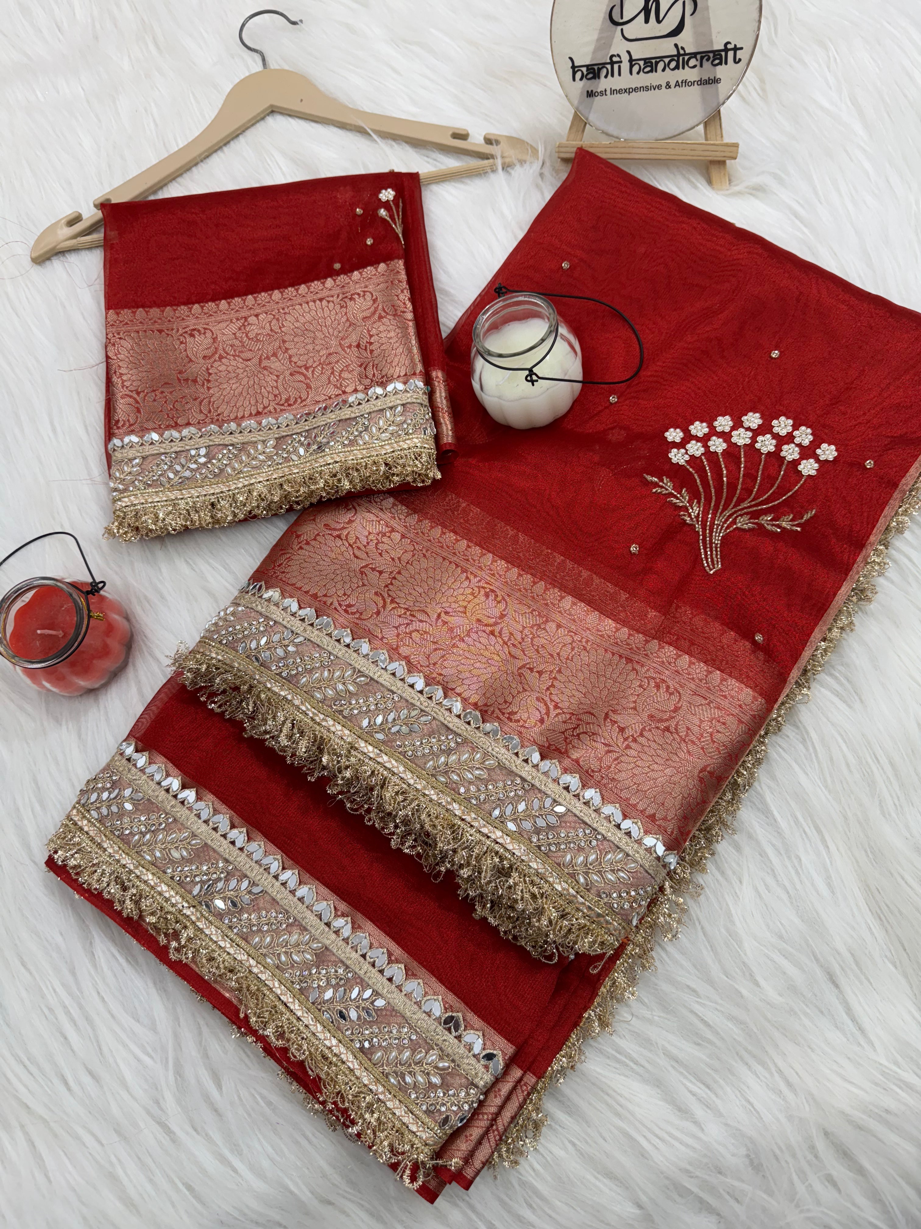 Chand Baliyan Pearl Motif Hand Zardozi Work Saree