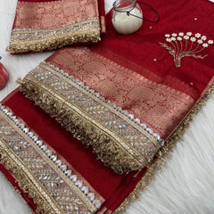 Chand Baliyan Pearl Motif Hand Zardozi Work Saree