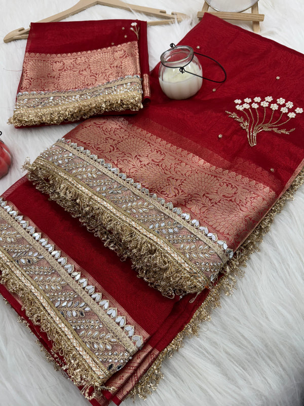 Chand Baliyan Pearl Motif Hand Zardozi Work Saree