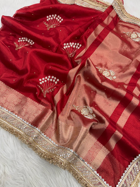 Chand Baliyan Pearl Motif Hand Zardozi Work Saree