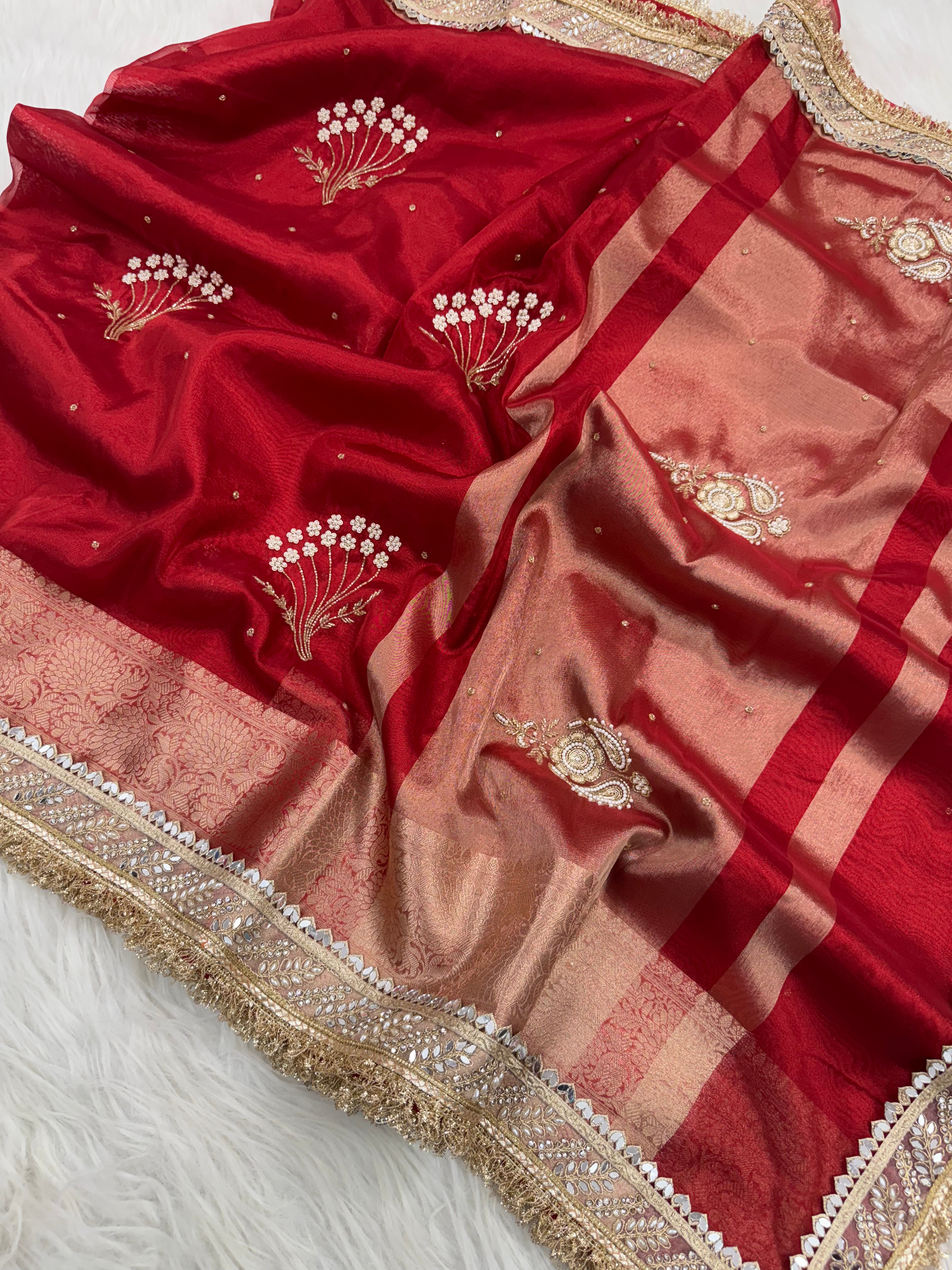 Chand Baliyan Pearl Motif Hand Zardozi Work Saree
