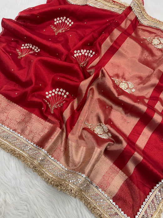 Chand Baliyan Pearl Motif Hand Zardozi Work Saree
