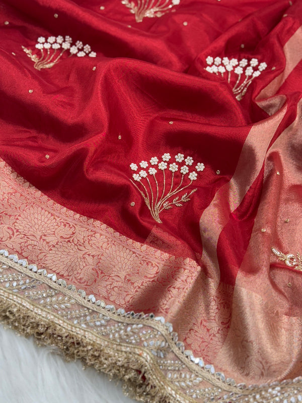 Chand Baliyan Pearl Motif Hand Zardozi Work Saree