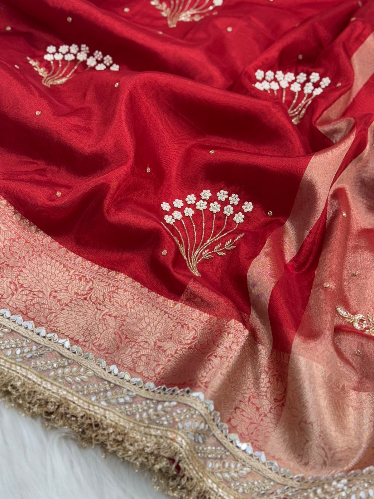 Chand Baliyan Pearl Motif Hand Zardozi Work Saree
