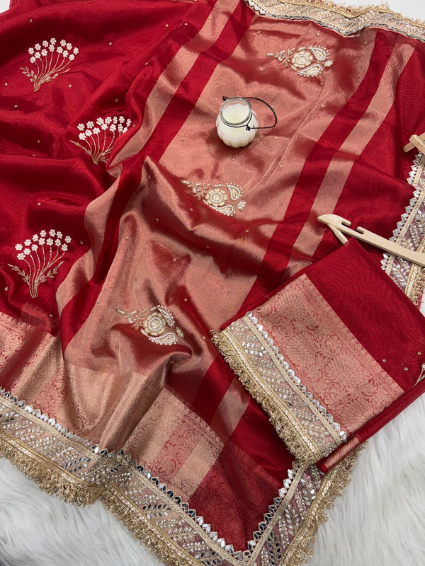 Chand Baliyan Pearl Motif Hand Zardozi Work Saree