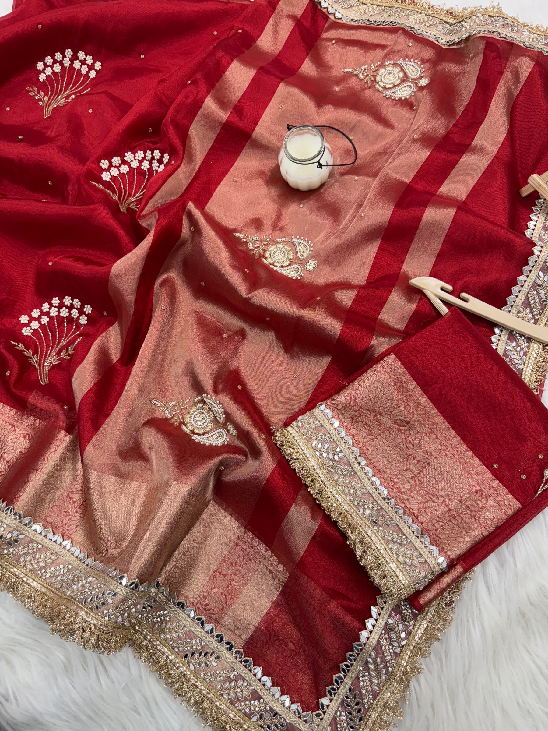 Chand Baliyan Pearl Motif Hand Zardozi Work Saree