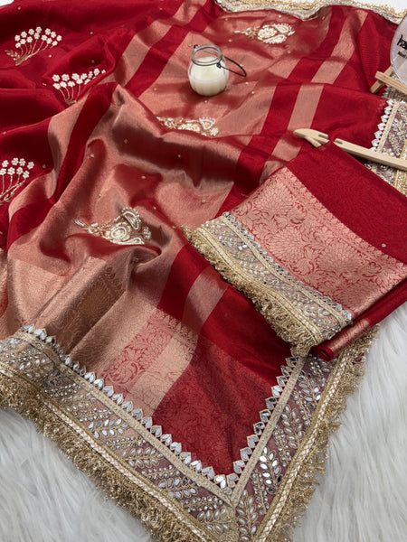 Chand Baliyan Pearl Motif Hand Zardozi Work Saree