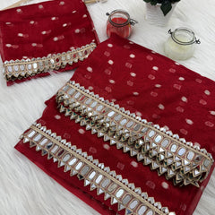 Varnika Red Banarasi Sundari Mirror Work Tissue Silk Saree