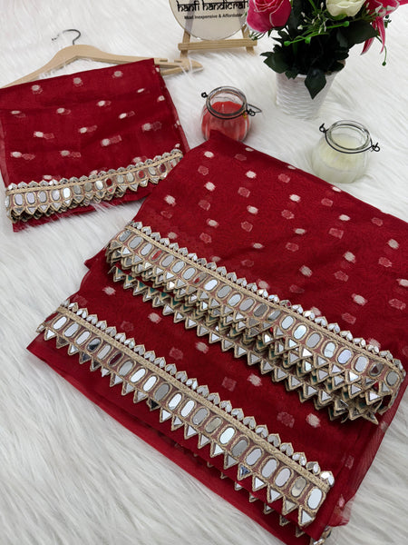Varnika Red Banarasi Sundari Mirror Work Tissue Silk Saree