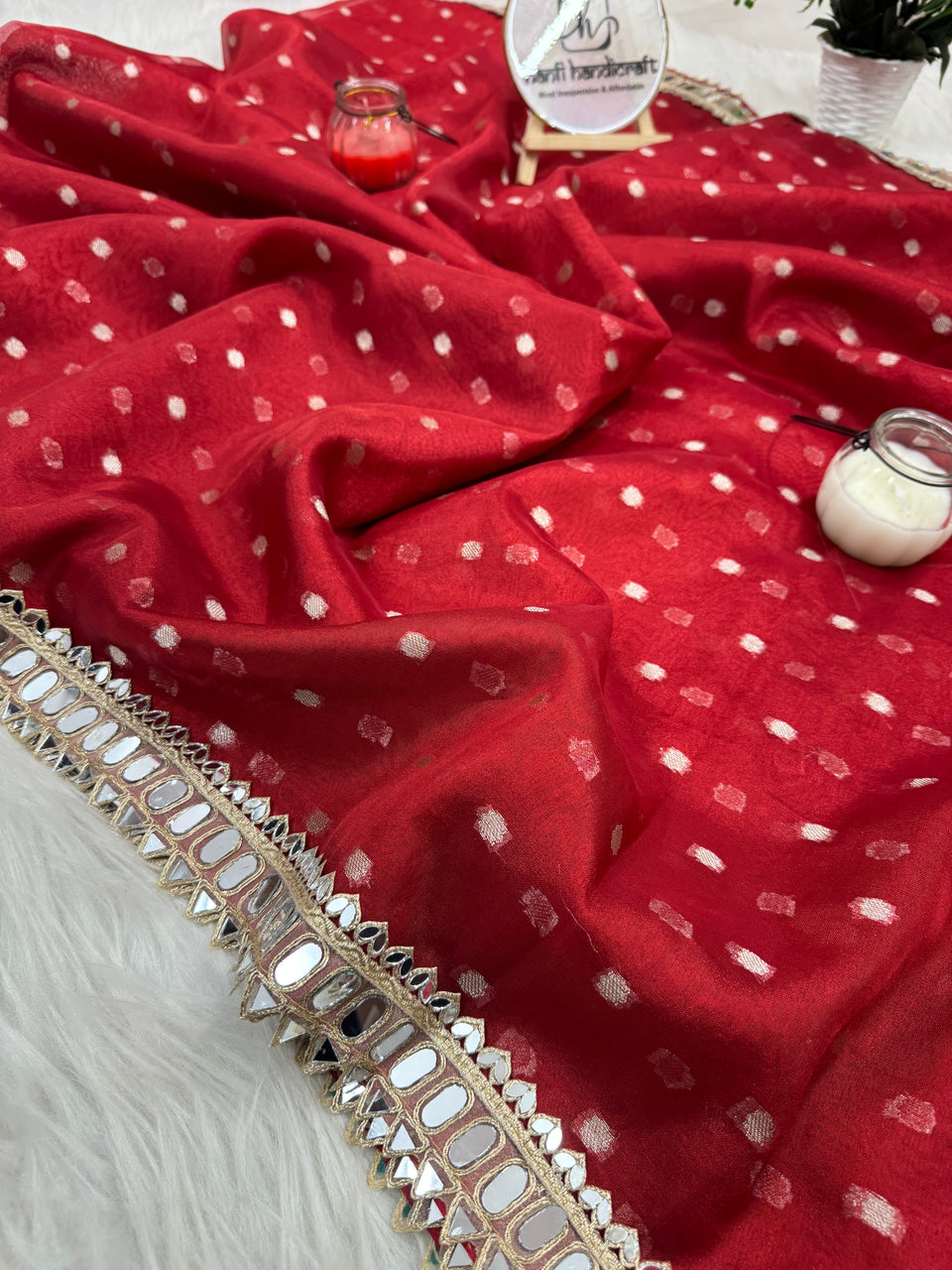 Varnika Red Banarasi Sundari Mirror Work Tissue Silk Saree