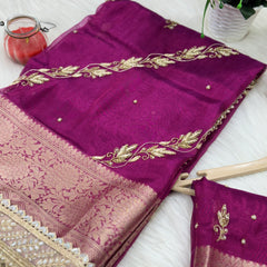 Shahi Magenta Pink Aada Zardozi Handwork Tissue Silk Saree